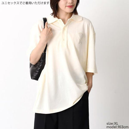 AMI PARIS Ami De Coeur スーパーライト コットンピケ ニットパッチ ショートスリーブ ポロシャツ