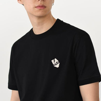 EMPORIO ARMANI 경량 저지 로고 자수 &amp; 리브 트림 T 셔츠 