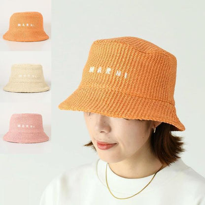 MARNI 라피아 버킷 모자 로고 자수 