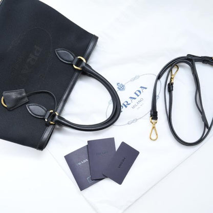 PRADA プラダ ロゴ ジャカード キャンバス ＆ レザー ハンドバッグ