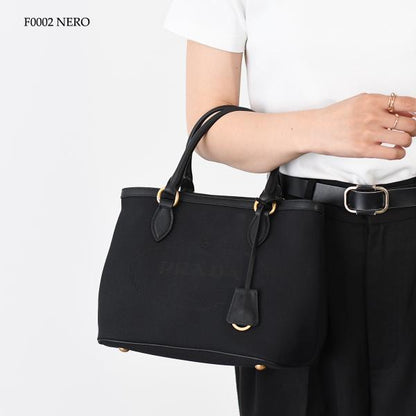PRADA プラダ ロゴ ジャカード キャンバス ＆ レザー ハンドバッグ