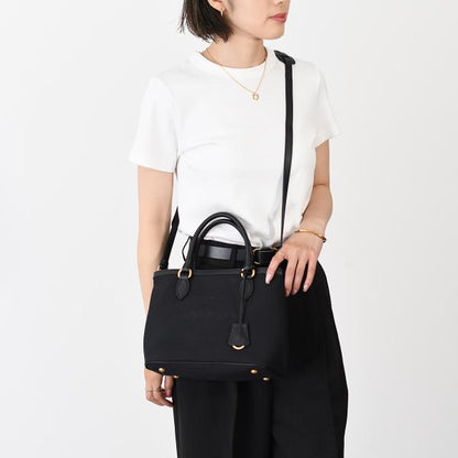 PRADA プラダ ロゴ ジャカード キャンバス ＆ レザー ハンドバッグ