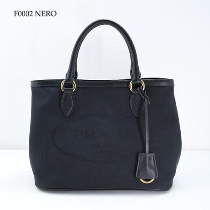 PRADA プラダ ロゴ ジャカード キャンバス ＆ レザー ハンドバッグ