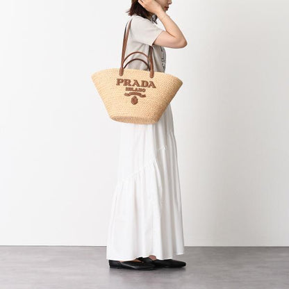 PRADA プラダ ラージ ラフィアxレザー トートバッグ