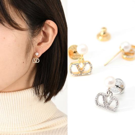 VALENTINO ヴァレンティノ Vロゴ シグネチャー メタル x パール x スワロフスキー クリスタル ピアス